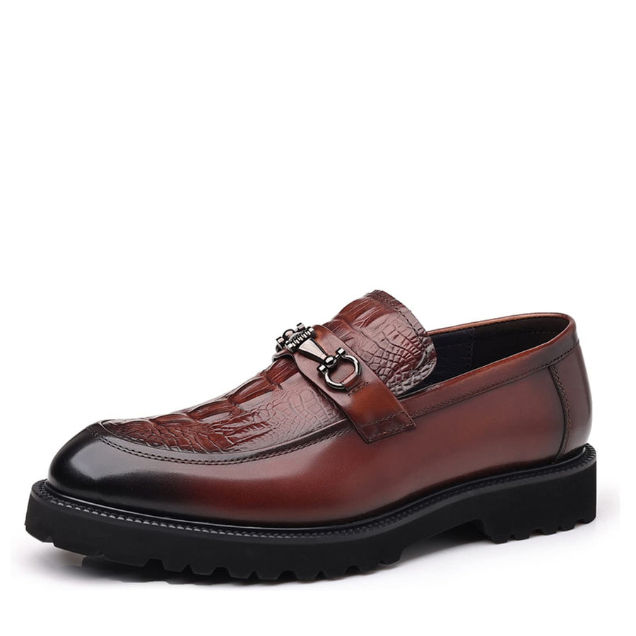 Mens Leather Print Business OxfordsSmart Casual Formal Office Derby ShoesSlip-On Wedding Suit Shoes (7Red Brown)