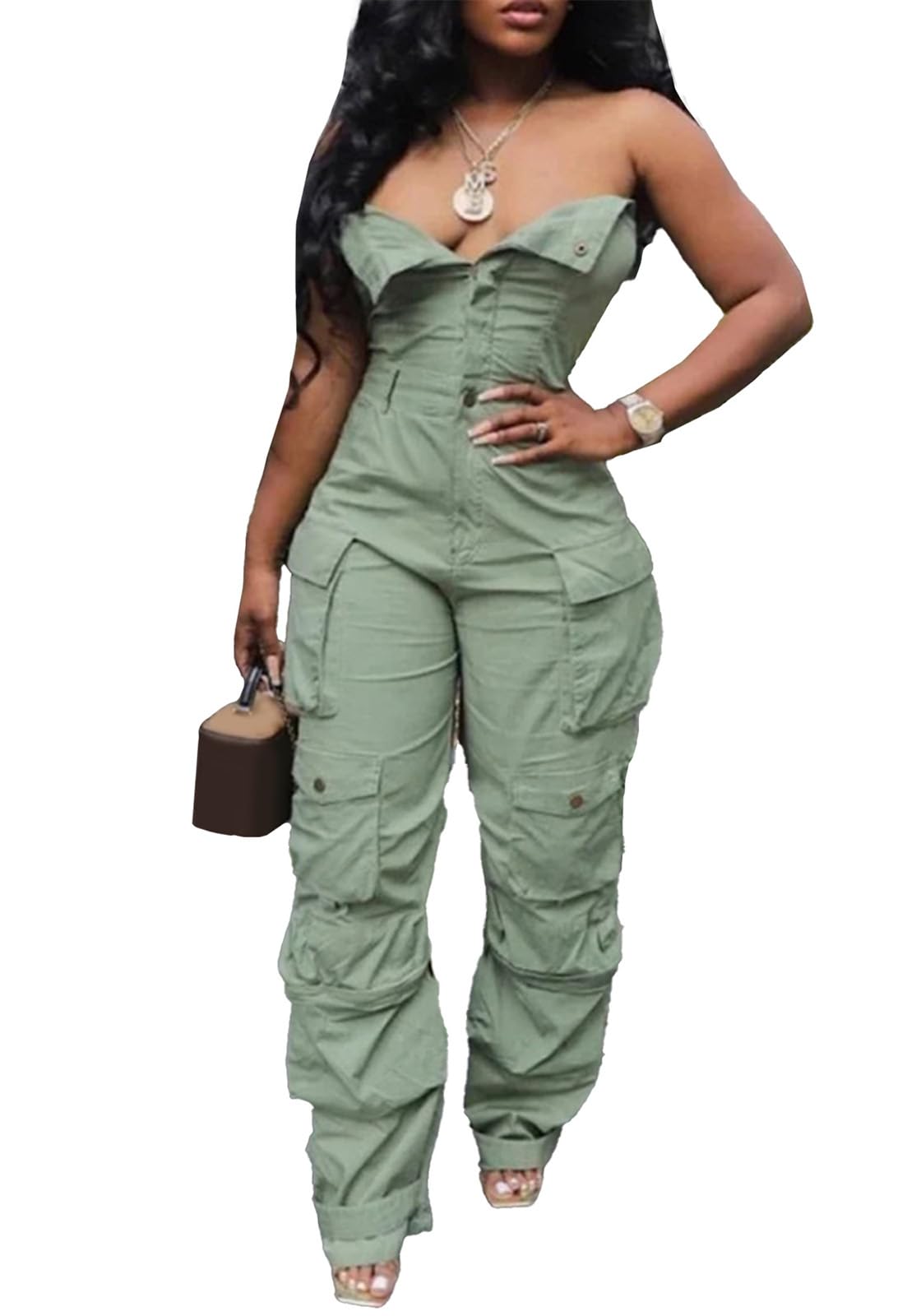LKOUS Casual Cargo Denim Jumpsuit for Women Elastic Stretch Multi Pockets Button Down Straight Leg Jeans Jumpsuits
